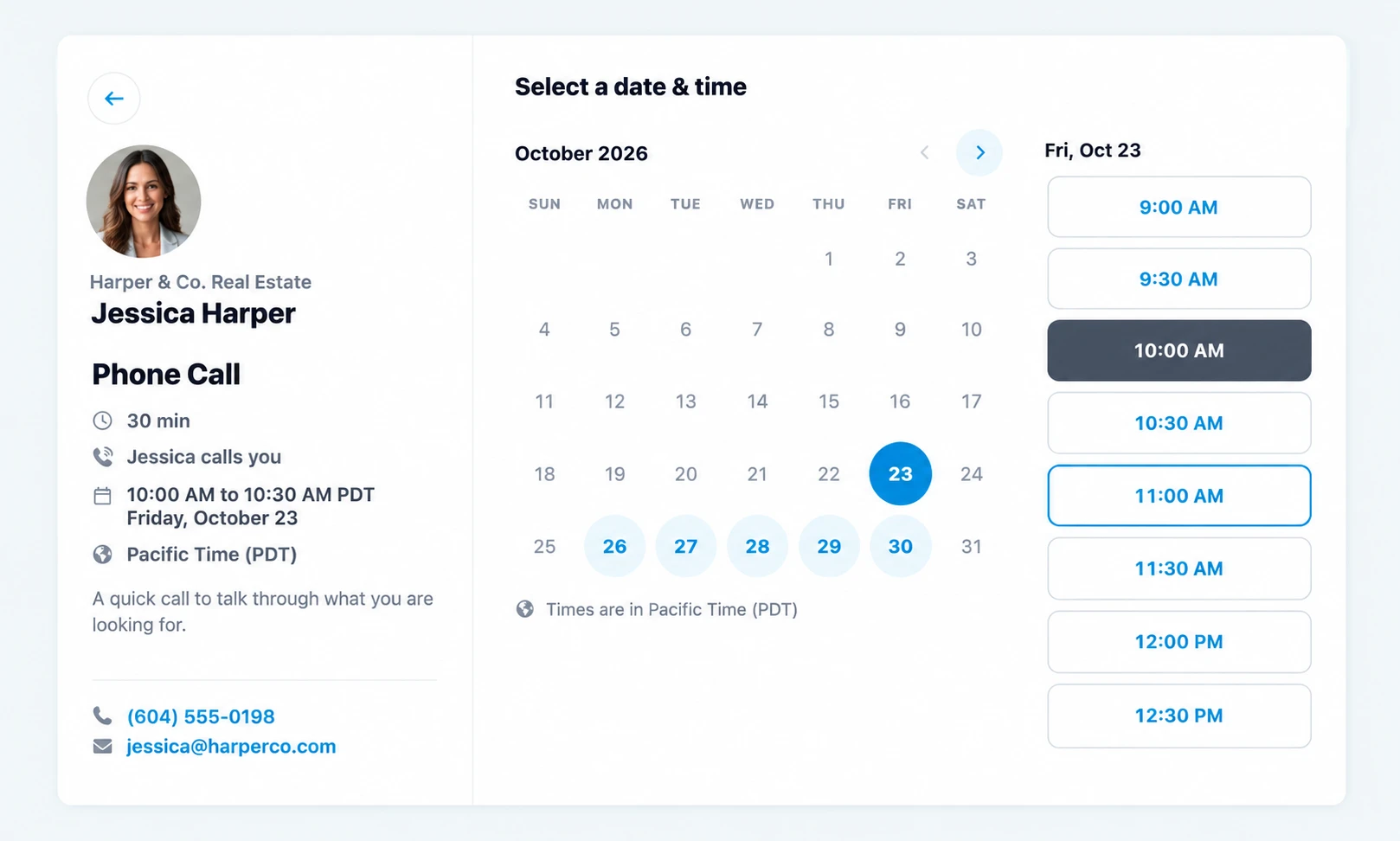 A booking page: the agent&rsquo;s photo and a phone call, a calendar and open times