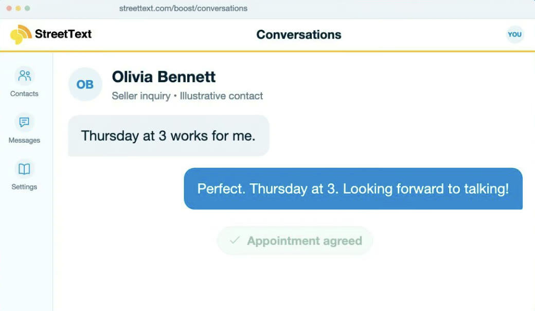 A text conversation where the contact agrees to Thursday at 3, marked Appointment agreed