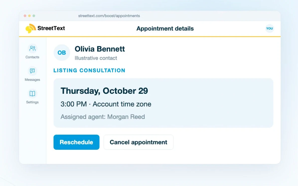 Appointment details for a listing consultation on Thursday at 3 PM, with Reschedule and Cancel buttons