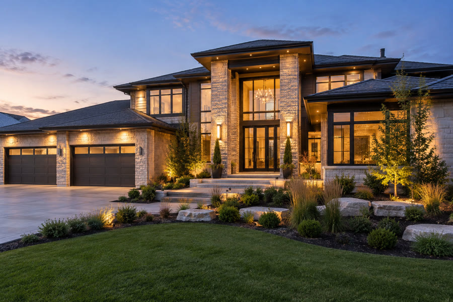 4 Harbour View, a lit stone and glass luxury home at dusk